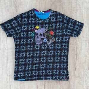 ROBERT GRAHAM Skull Embroidered Flowers Crosshatch Pattern T-Shirt Mens L